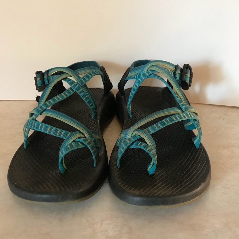 Blue and green chacos